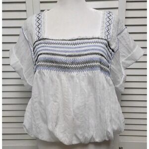 Free People Wandering Skies Gauzy Square Neck Embroidered Blouse Top SZ Medium
